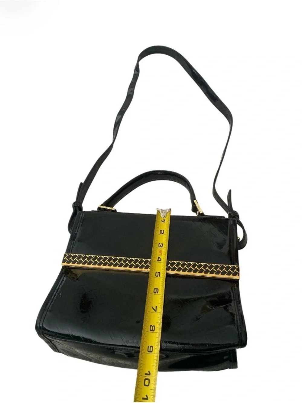NWOT Ted Baker Black Patent leather Top-Handle Crossbody Bag with Gold Trim